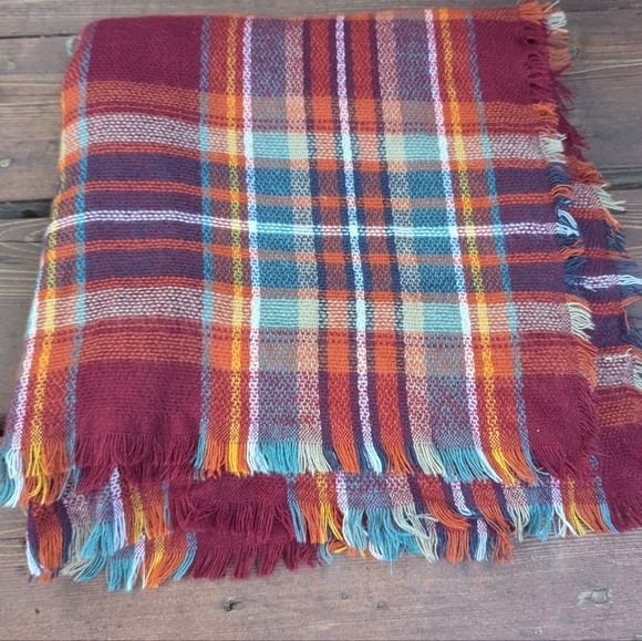 Big Plaid Scarf Wrap by alt'rd state Wine Orange and Blue - Picture 4 of 4
